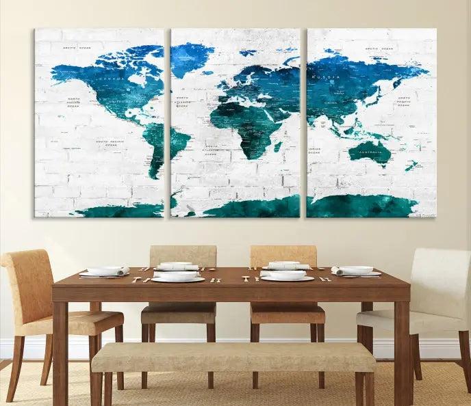 Turquoise Wall Art World Map Watercolor Canvas Print 