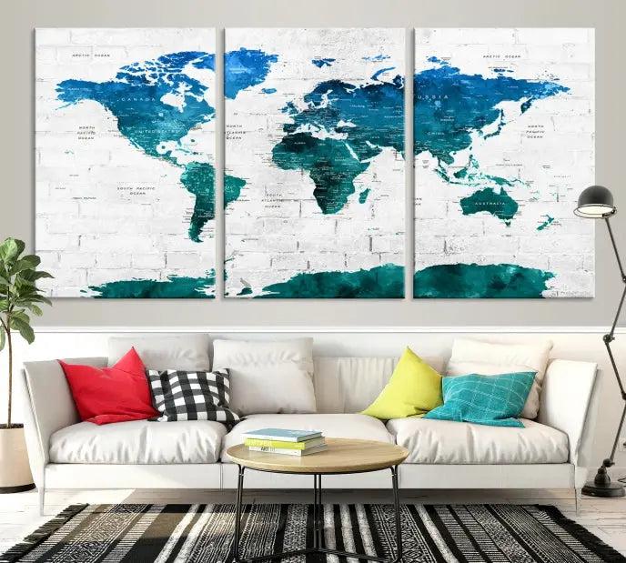 Turquoise Wall Art World Map Watercolor Canvas Print 