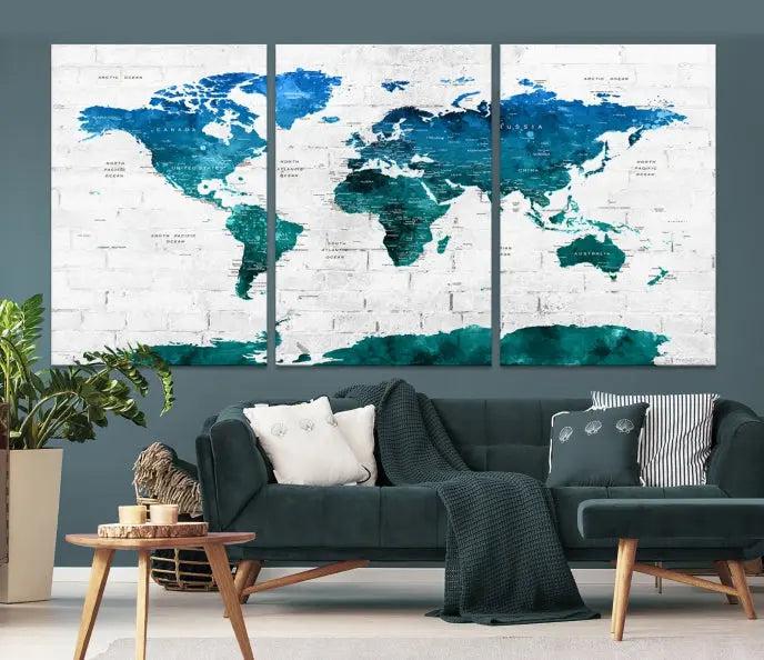 Turquoise Wall Art World Map Watercolor Canvas Print 