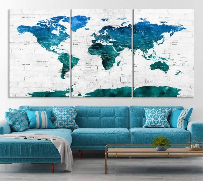 Turquoise Wall Art World Map Watercolor Canvas Print 