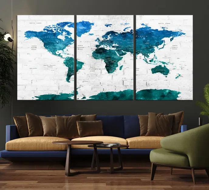 Turquoise Wall Art World Map Watercolor Canvas Print 