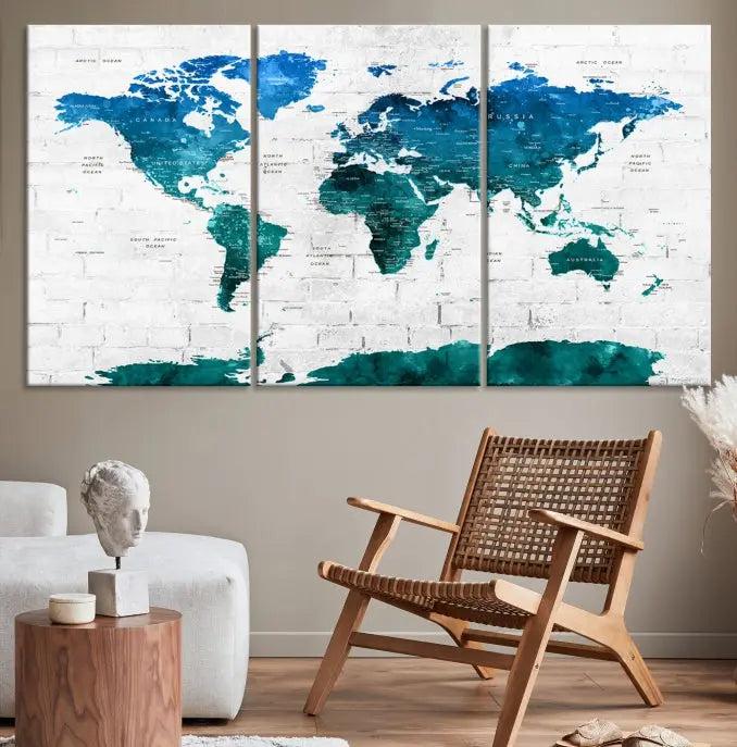 Turquoise Wall Art World Map Watercolor Canvas Print 