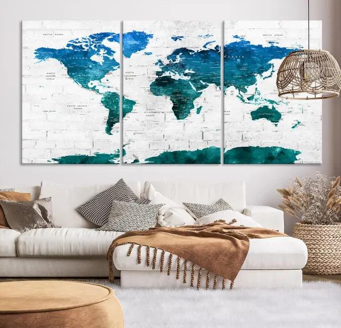 The Turquoise Wall Art World Map Watercolor Canvas Print is highlighted on the brick wall, emphasizing the allure of museum-quality canvases. This gallery-wrapped piece, complete with a UV-protective coating, enhances the elegance of the setting.