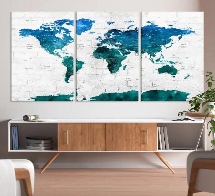 The Turquoise Wall Art World Map Watercolor Canvas Print is highlighted on the brick wall, emphasizing the allure of museum-quality canvases. This gallery-wrapped piece, complete with a UV-protective coating, enhances the elegance of the setting.