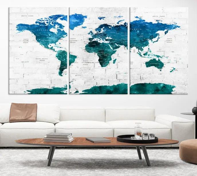 The Turquoise Wall Art World Map Watercolor Canvas Print is highlighted on the brick wall, emphasizing the allure of museum-quality canvases. This gallery-wrapped piece, complete with a UV-protective coating, enhances the elegance of the setting.