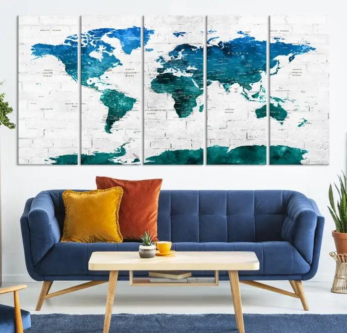 The Turquoise Wall Art World Map Watercolor Canvas Print is highlighted on the brick wall, emphasizing the allure of museum-quality canvases. This gallery-wrapped piece, complete with a UV-protective coating, enhances the elegance of the setting.