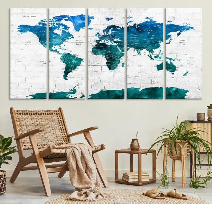 Turquoise Wall Art World Map Watercolor Canvas Print 