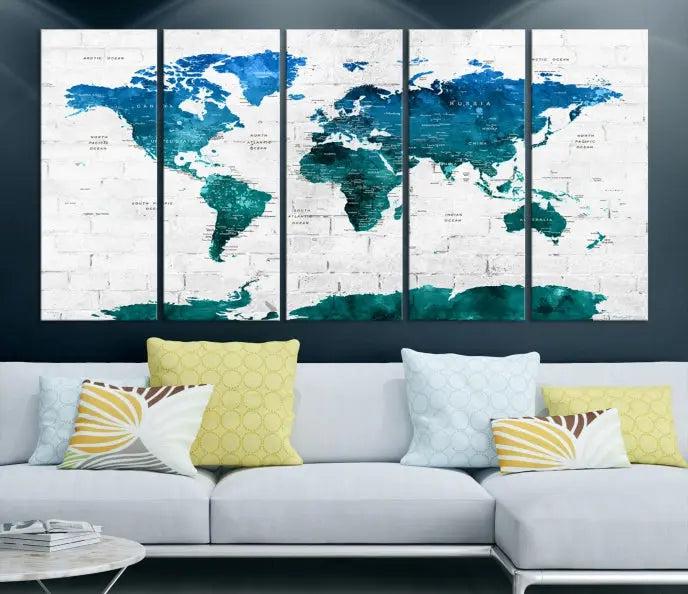 Turquoise Wall Art World Map Watercolor Canvas Print 