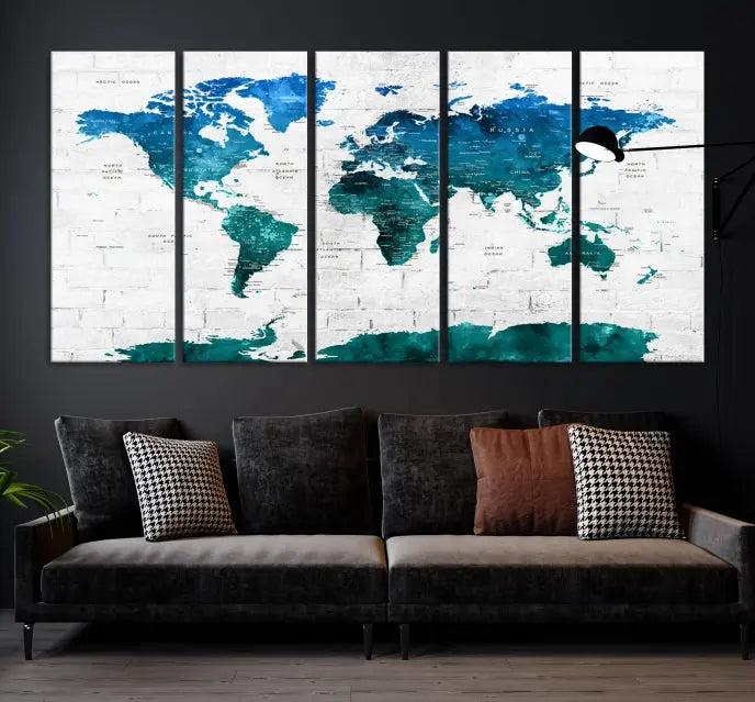 Turquoise Wall Art World Map Watercolor Canvas Print 