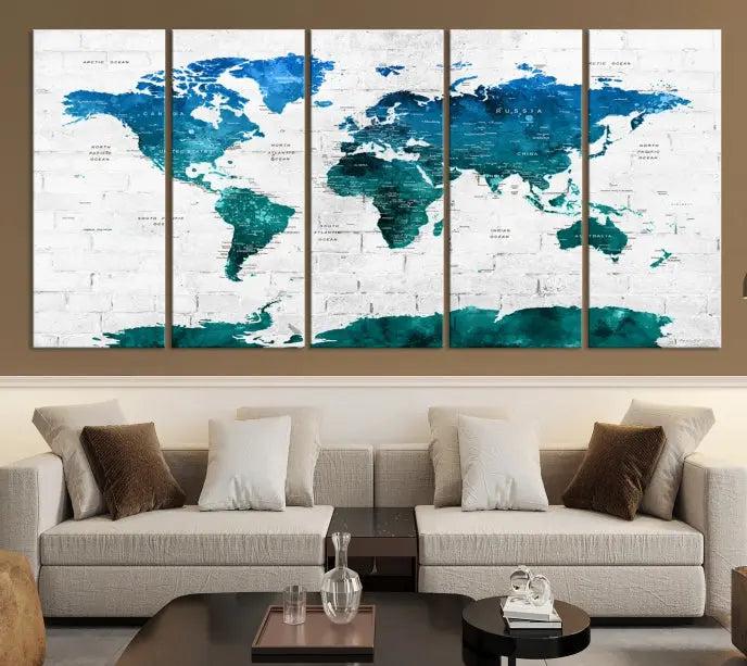 Turquoise Wall Art World Map Watercolor Canvas Print 