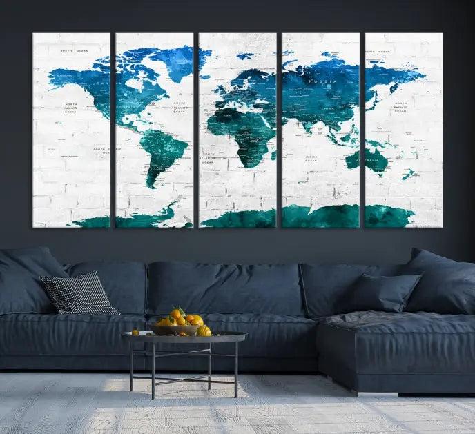 The Turquoise Wall Art World Map Watercolor Canvas Print is highlighted on the brick wall, emphasizing the allure of museum-quality canvases. This gallery-wrapped piece, complete with a UV-protective coating, enhances the elegance of the setting.