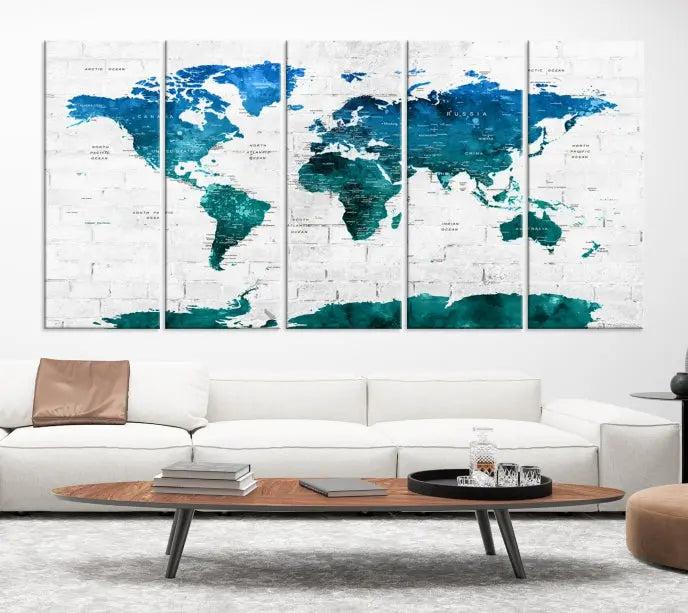 The Turquoise Wall Art World Map Watercolor Canvas Print is highlighted on the brick wall, emphasizing the allure of museum-quality canvases. This gallery-wrapped piece, complete with a UV-protective coating, enhances the elegance of the setting.