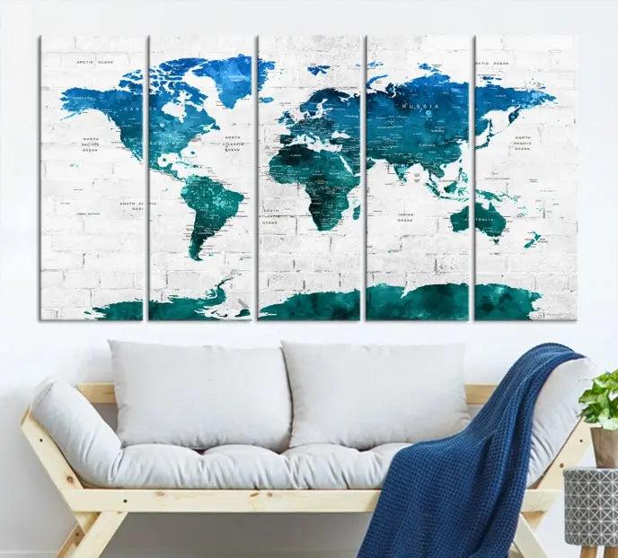 The Turquoise Wall Art World Map Watercolor Canvas Print is highlighted on the brick wall, emphasizing the allure of museum-quality canvases. This gallery-wrapped piece, complete with a UV-protective coating, enhances the elegance of the setting.