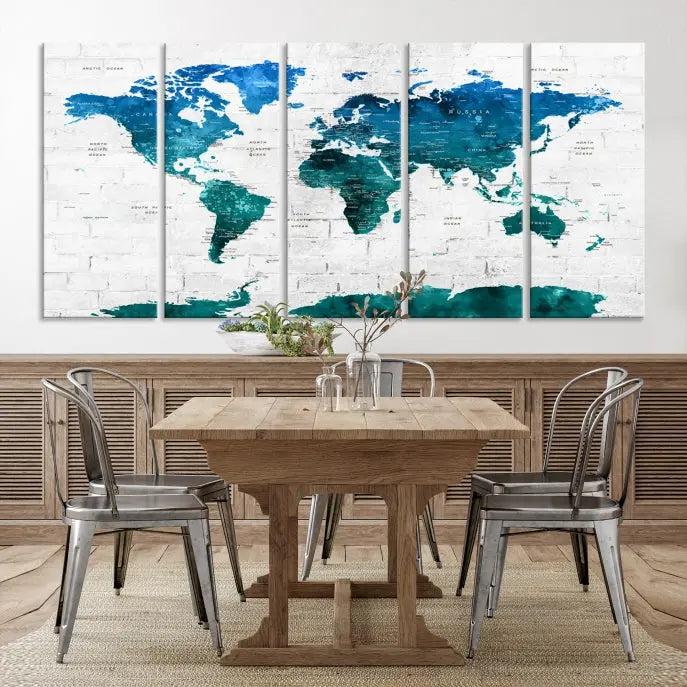 The Turquoise Wall Art World Map Watercolor Canvas Print is highlighted on the brick wall, emphasizing the allure of museum-quality canvases. This gallery-wrapped piece, complete with a UV-protective coating, enhances the elegance of the setting.