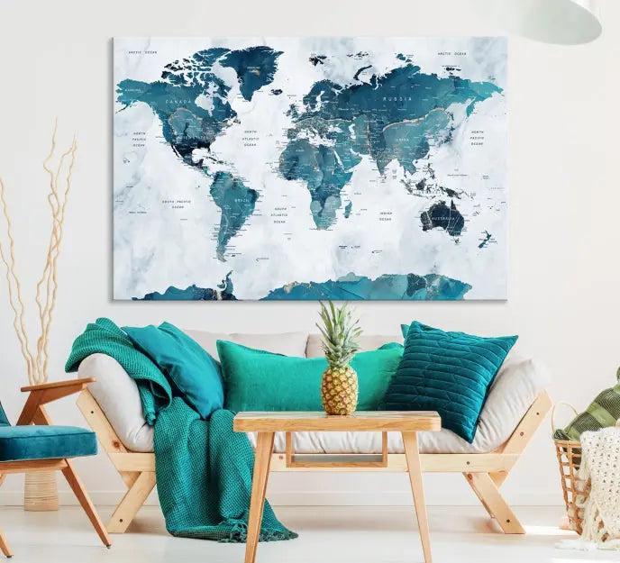 The Turquoise World Map Wall Art Canvas Print elegantly graces a dark wall. Crafted on museum-quality canvas with a UV-protective coating, it promises lasting elegance.