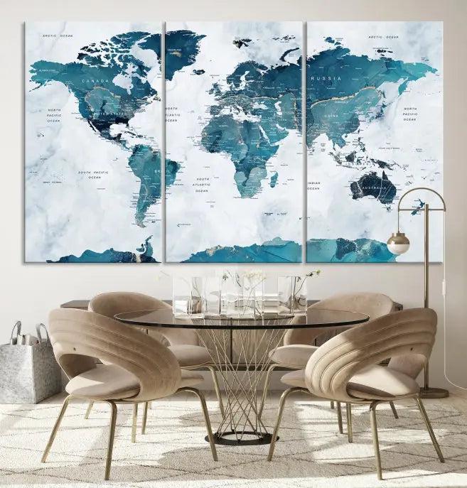 The Turquoise World Map Wall Art Canvas Print elegantly graces a dark wall. Crafted on museum-quality canvas with a UV-protective coating, it promises lasting elegance.