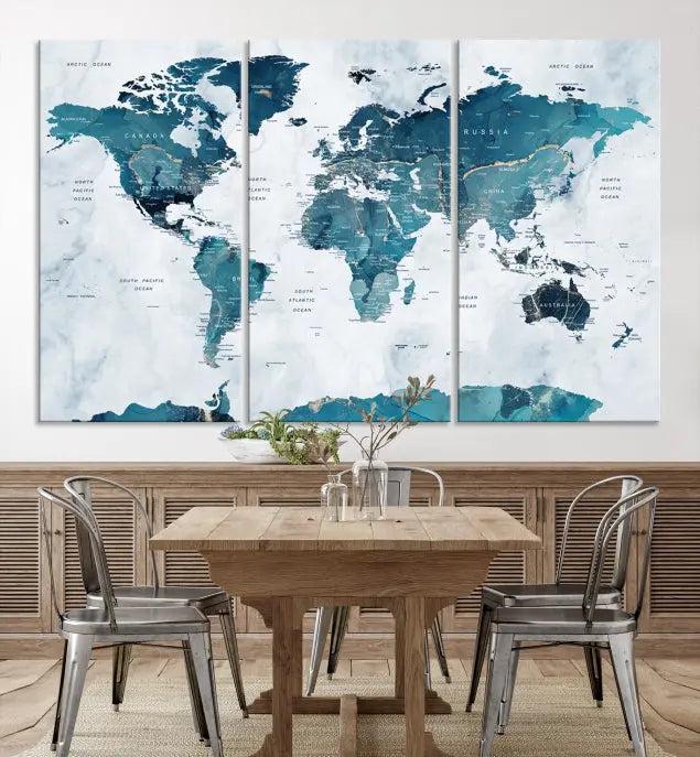 The Turquoise World Map Wall Art Canvas Print elegantly graces a dark wall. Crafted on museum-quality canvas with a UV-protective coating, it promises lasting elegance.