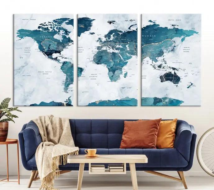 The Turquoise World Map Wall Art Canvas Print elegantly graces a dark wall. Crafted on museum-quality canvas with a UV-protective coating, it promises lasting elegance.