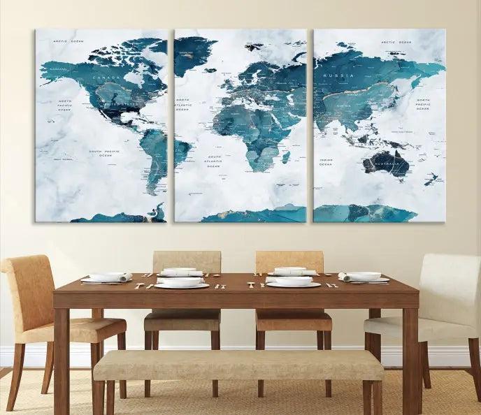 The Turquoise World Map Wall Art Canvas Print elegantly graces a dark wall. Crafted on museum-quality canvas with a UV-protective coating, it promises lasting elegance.