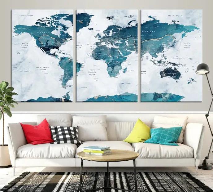 The Turquoise World Map Wall Art Canvas Print elegantly graces a dark wall. Crafted on museum-quality canvas with a UV-protective coating, it promises lasting elegance.