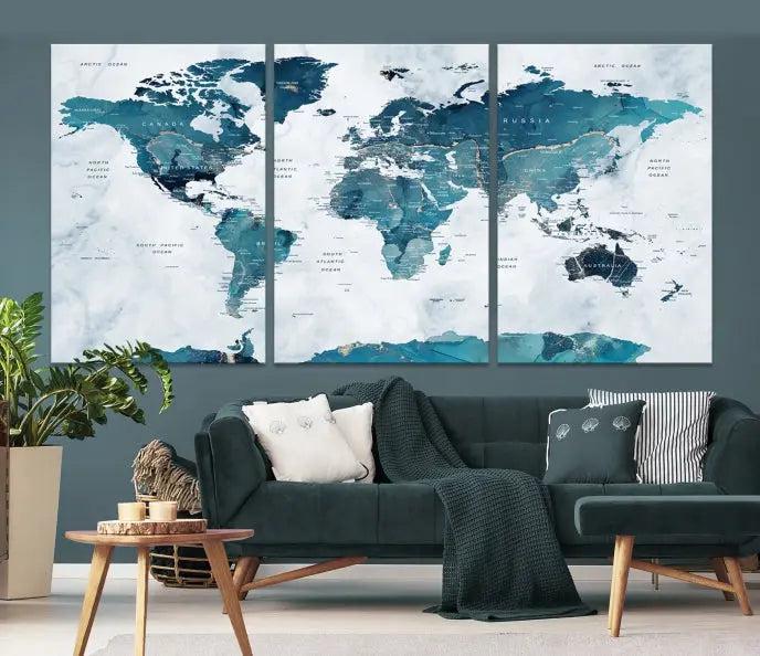 The Turquoise World Map Wall Art Canvas Print elegantly graces a dark wall. Crafted on museum-quality canvas with a UV-protective coating, it promises lasting elegance.