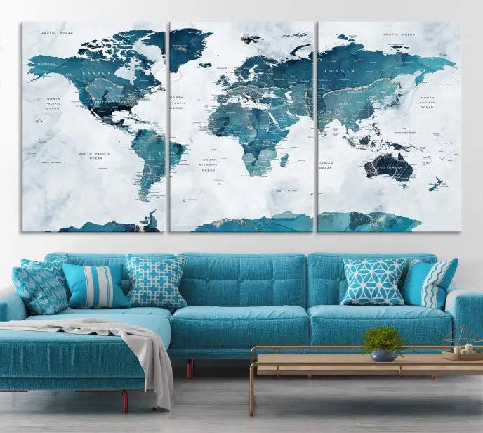 The Turquoise World Map Wall Art Canvas Print elegantly graces a dark wall. Crafted on museum-quality canvas with a UV-protective coating, it promises lasting elegance.