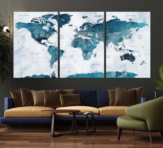 The Turquoise World Map Wall Art Canvas Print elegantly graces a dark wall. Crafted on museum-quality canvas with a UV-protective coating, it promises lasting elegance.