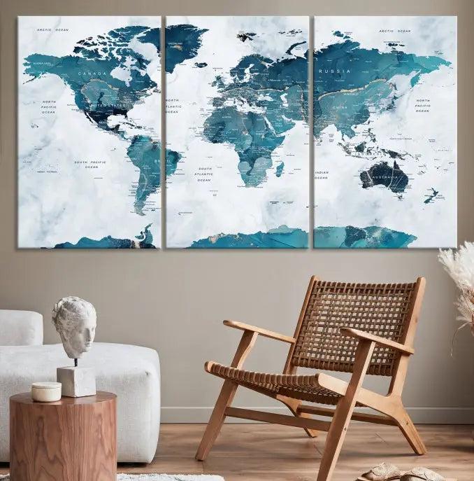 The Turquoise World Map Wall Art Canvas Print elegantly graces a dark wall. Crafted on museum-quality canvas with a UV-protective coating, it promises lasting elegance.