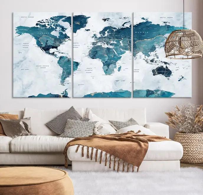 The Turquoise World Map Wall Art Canvas Print elegantly graces a dark wall. Crafted on museum-quality canvas with a UV-protective coating, it promises lasting elegance.