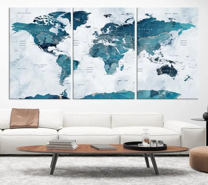 The Turquoise World Map Wall Art Canvas Print elegantly graces a dark wall. Crafted on museum-quality canvas with a UV-protective coating, it promises lasting elegance.