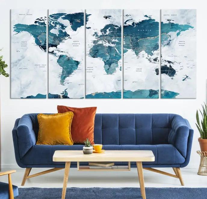 The Turquoise World Map Wall Art Canvas Print elegantly graces a dark wall. Crafted on museum-quality canvas with a UV-protective coating, it promises lasting elegance.