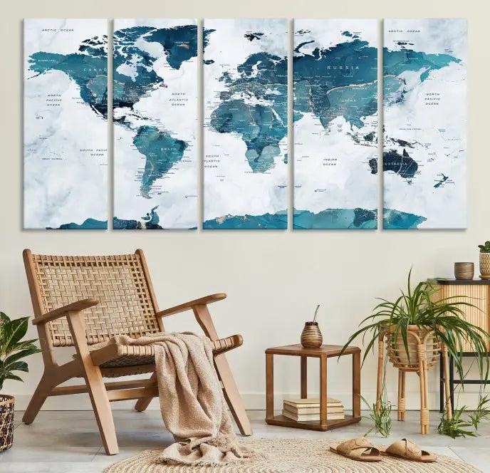 The Turquoise World Map Wall Art Canvas Print elegantly graces a dark wall. Crafted on museum-quality canvas with a UV-protective coating, it promises lasting elegance.