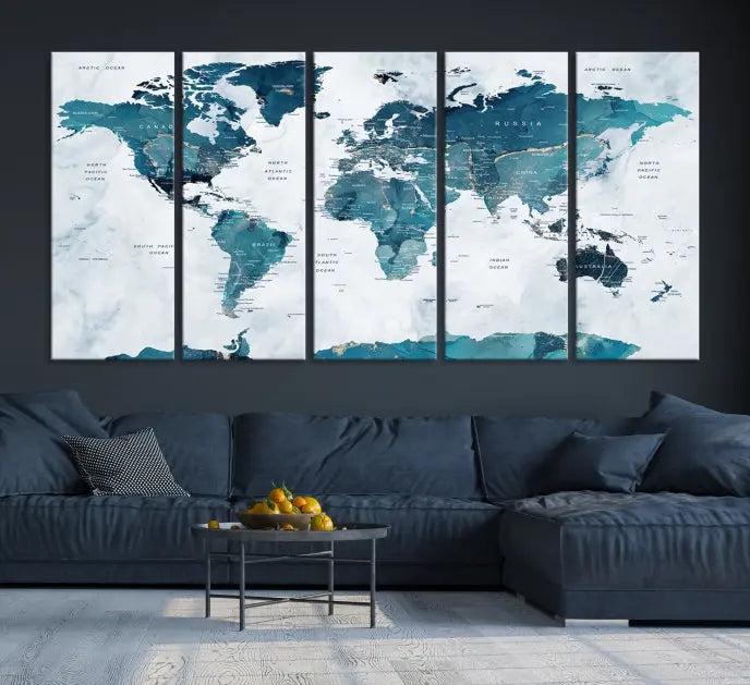 The Turquoise World Map Wall Art Canvas Print elegantly graces a dark wall. Crafted on museum-quality canvas with a UV-protective coating, it promises lasting elegance.