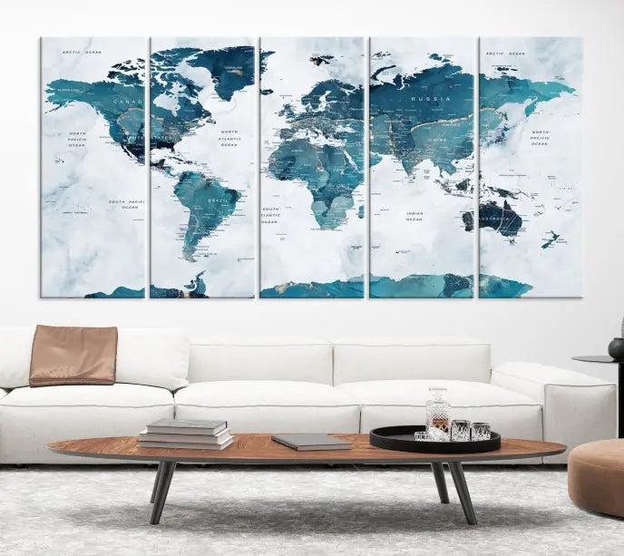 The Turquoise World Map Wall Art Canvas Print elegantly graces a dark wall. Crafted on museum-quality canvas with a UV-protective coating, it promises lasting elegance.