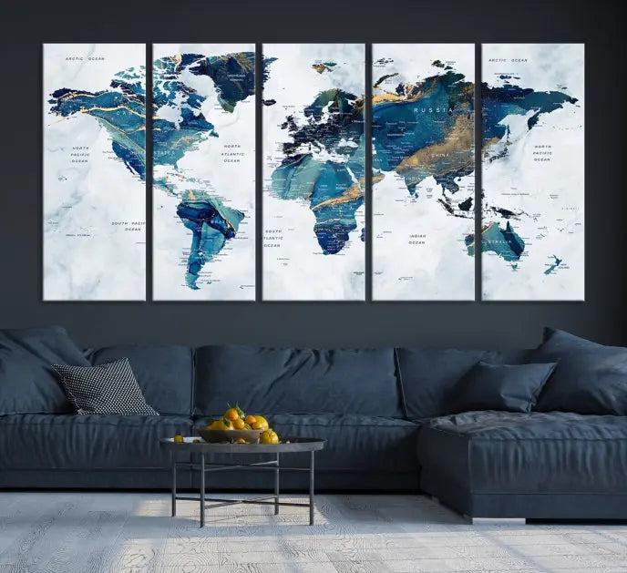 The "Turquoise World Map Wall Art Canvas Print" is displayed above, featuring four panels in blue and gold tones, crafted on museum-quality canvas with a UV-protective coating.