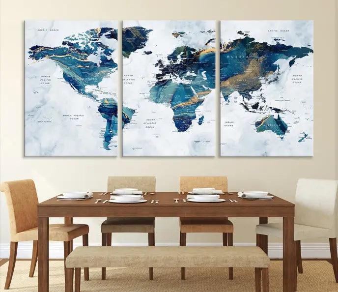 The "Turquoise World Map Wall Art Canvas Print" is displayed above, featuring four panels in blue and gold tones, crafted on museum-quality canvas with a UV-protective coating.