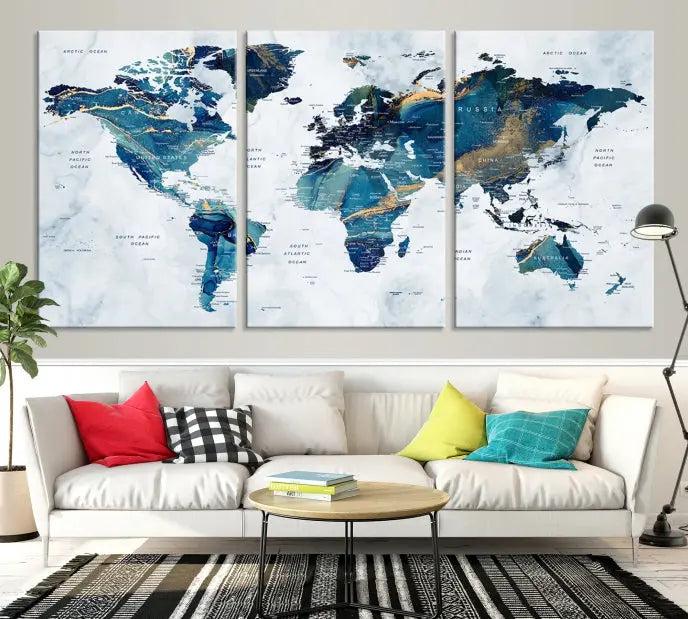 The "Turquoise World Map Wall Art Canvas Print" is displayed above, featuring four panels in blue and gold tones, crafted on museum-quality canvas with a UV-protective coating.