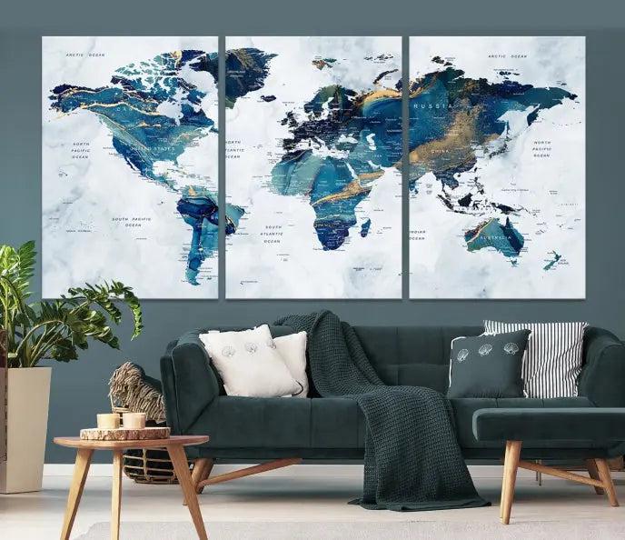 The "Turquoise World Map Wall Art Canvas Print" is displayed above, featuring four panels in blue and gold tones, crafted on museum-quality canvas with a UV-protective coating.