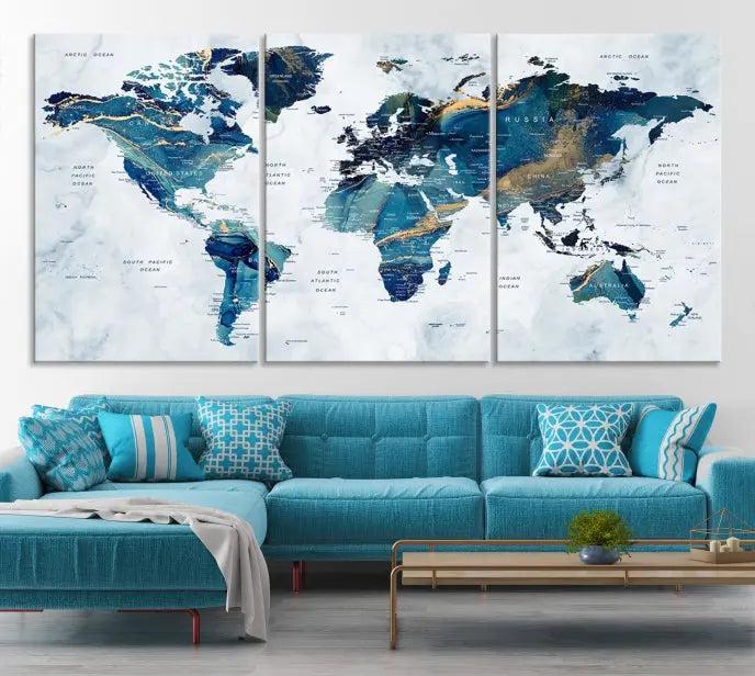 The "Turquoise World Map Wall Art Canvas Print" is displayed above, featuring four panels in blue and gold tones, crafted on museum-quality canvas with a UV-protective coating.