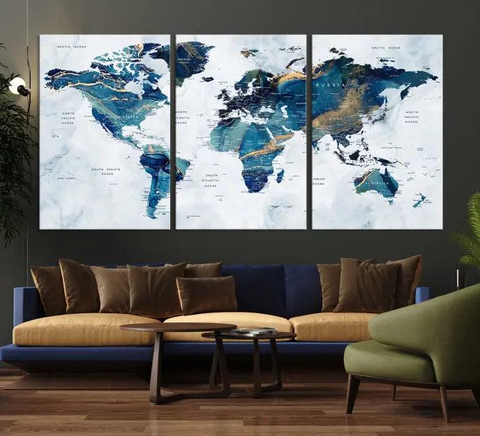 The "Turquoise World Map Wall Art Canvas Print" is displayed above, featuring four panels in blue and gold tones, crafted on museum-quality canvas with a UV-protective coating.