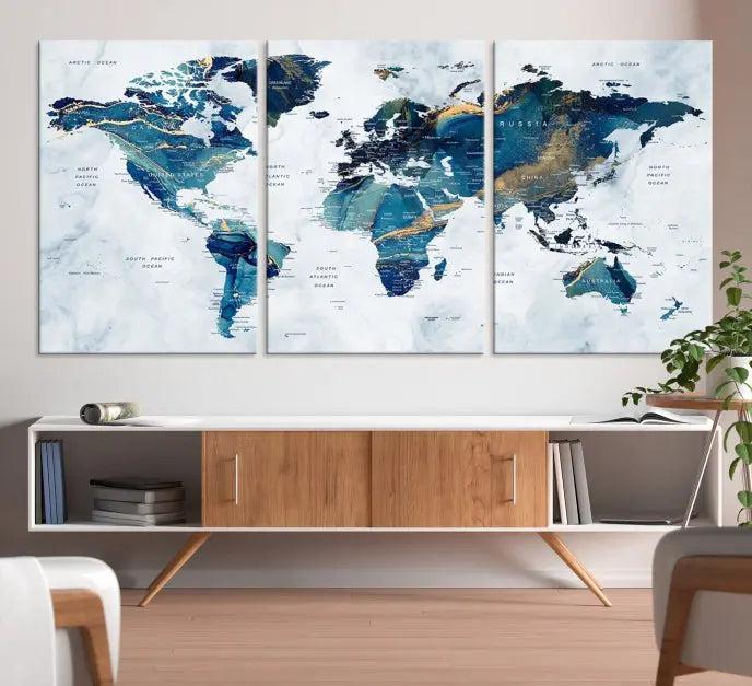 The "Turquoise World Map Wall Art Canvas Print" is displayed above, featuring four panels in blue and gold tones, crafted on museum-quality canvas with a UV-protective coating.