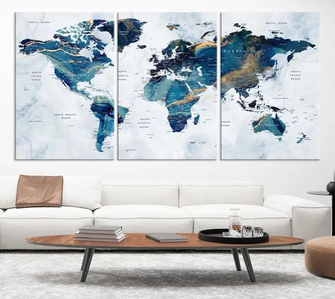 The "Turquoise World Map Wall Art Canvas Print" is displayed above, featuring four panels in blue and gold tones, crafted on museum-quality canvas with a UV-protective coating.