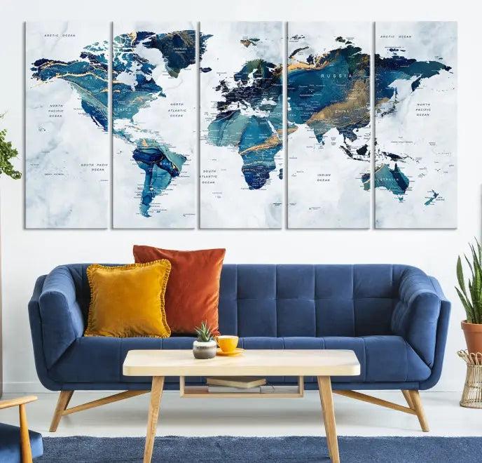 The "Turquoise World Map Wall Art Canvas Print" is displayed above, featuring four panels in blue and gold tones, crafted on museum-quality canvas with a UV-protective coating.