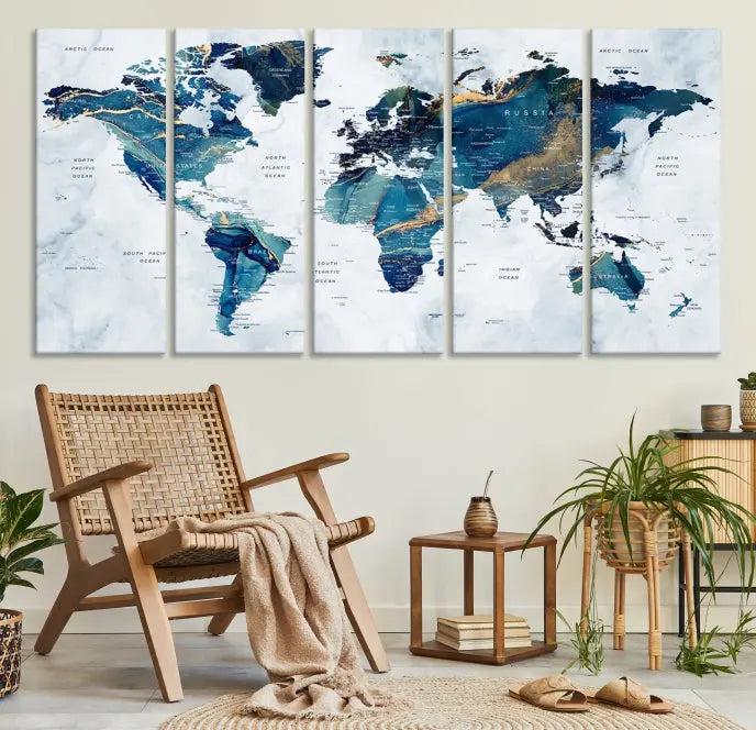 The "Turquoise World Map Wall Art Canvas Print" is displayed above, featuring four panels in blue and gold tones, crafted on museum-quality canvas with a UV-protective coating.