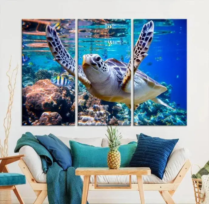 A living room showcasing a triptych of the Turtle and Ocean Life Wall Art Canvas Print.