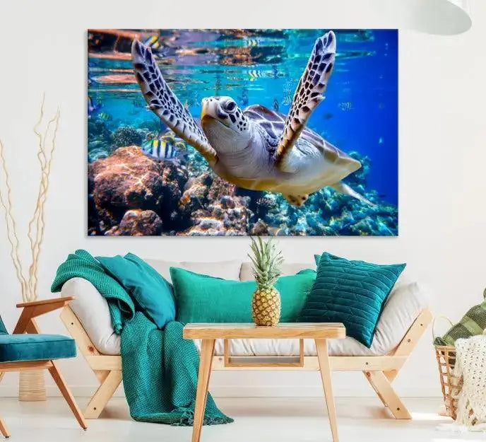 A living room showcasing a triptych of the Turtle and Ocean Life Wall Art Canvas Print.