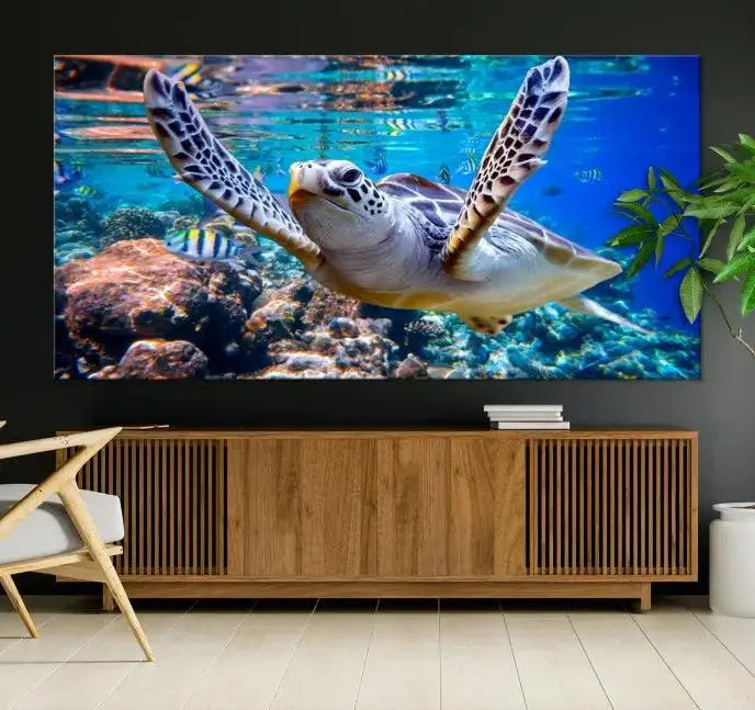 A living room showcasing a triptych of the Turtle and Ocean Life Wall Art Canvas Print.