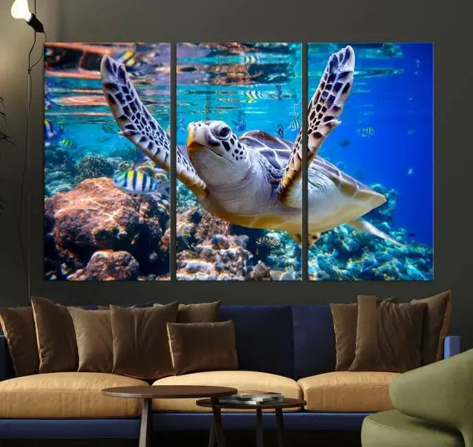 A living room showcasing a triptych of the Turtle and Ocean Life Wall Art Canvas Print.