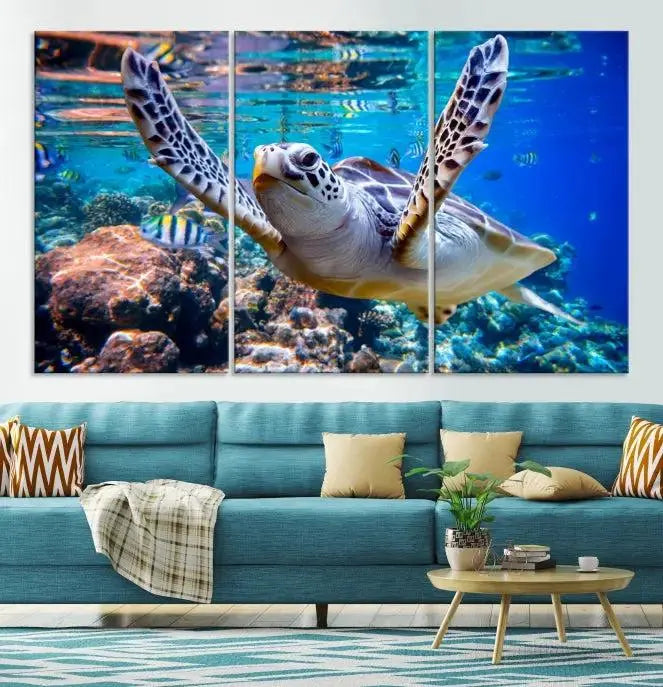 A living room showcasing a triptych of the Turtle and Ocean Life Wall Art Canvas Print.