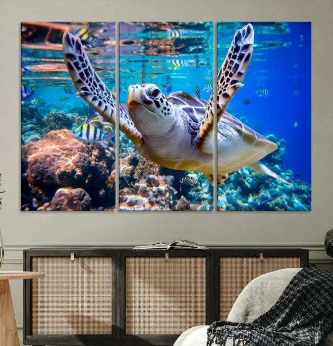 A living room showcasing a triptych of the Turtle and Ocean Life Wall Art Canvas Print.